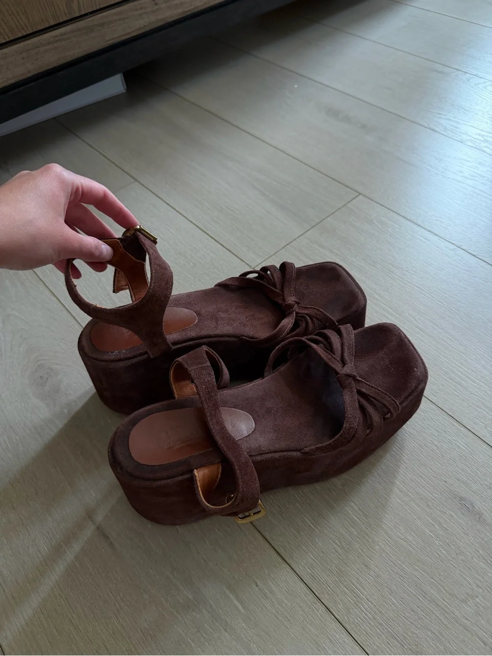 Women's Brown Suede Platform Ankle-Strap Sandals with Knotted Detail